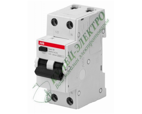 Авт. выключатель дифференциального тока ABB, 1P+N, 25А, 4.5kA, 30мA, тип AC, BMR415C25 (2CSR645041R1254)
