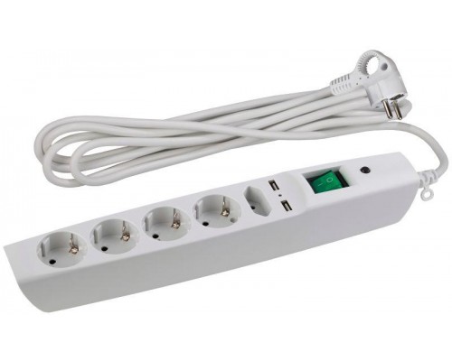 Удлинитель с сетевым фильтром 5х2м с заземл. 10А IP20 SFU-5es-2m-W 5гн+2хUSB защ. шторки с выкл. ПВС 3х0.75 бел. ЭРА C0043327