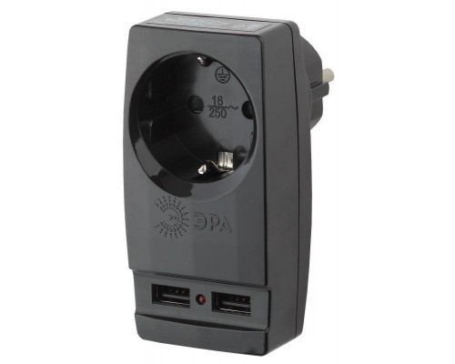 Адаптер SP-1e-USB-B "Polynom" 1-м 220В + 2хUSB 2100мА c зазeмл. черн. ЭРА Б0026333