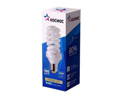 Лампа люминесцентная компакт. SPC 20Вт E27 спиральная 2700К Т3 КОСМОС LKsmSPC20wE2727