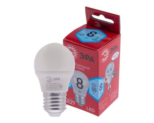 Лампа светодиодная P45-8W-840-E27 R (диод шар 8Вт нейтр. E27) (10/100/3600) Эра Б0049645