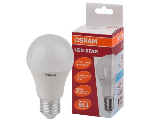 Лампа светодиодная LED Star Classic A 60 7W/840 7Вт грушевидная матовая 4000К нейтр. бел. E27 650лм 220-240В пластик. OSRAM 4058075096417