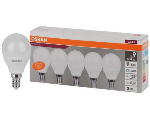 Лампа светодиодная LED Value LVCLP60 7SW/865 230В E14 2х5 RU (уп.5шт) OSRAM 4058075578166