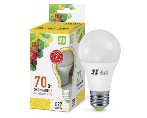 Лампа светодиодная LED-A60-standard 7Вт грушевидная 3000К тепл. бел. E27 630лм 160-260В ASD 4690612001692