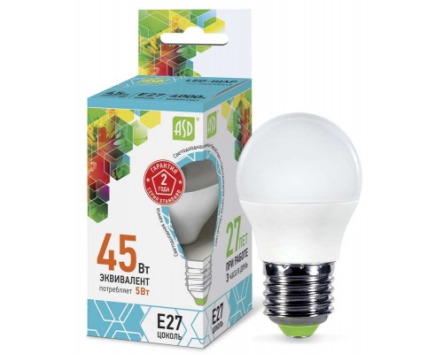 Лампа светодиодная LED-ШАР-standard 5Вт ШАР 4000К бел. E27 450лм 160-260В ASD 4690612002187