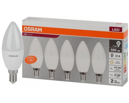 Лампа светодиодная LED Value LVCLB60 7SW/830 230В E14 2х5 RU (уп.5шт) OSRAM 4058075577923