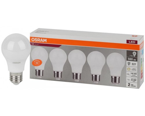 Лампа светодиодная LED Value LVCLA60 7SW/830 230В E27 2х5 RU (уп.5шт) OSRAM 4058075577626