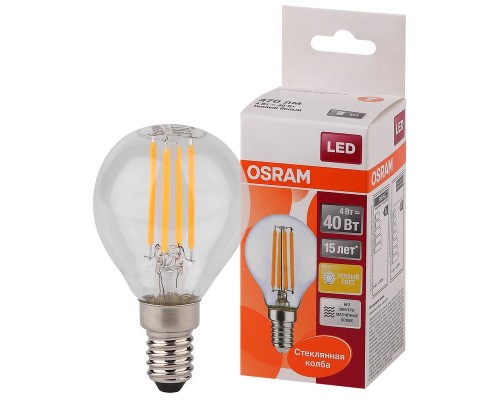 Лампа светодиодная филаментная LED STAR CLASSIC P 40 4W/827 4Вт шар 2700К тепл. бел. E14 470лм 220-240В прозр. стекло OSRAM 4058075068377