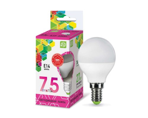 Лампа светодиодная LED-ШАР-standard 7.5Вт 230В E14 6500К 675Лм ASD 4690612019017