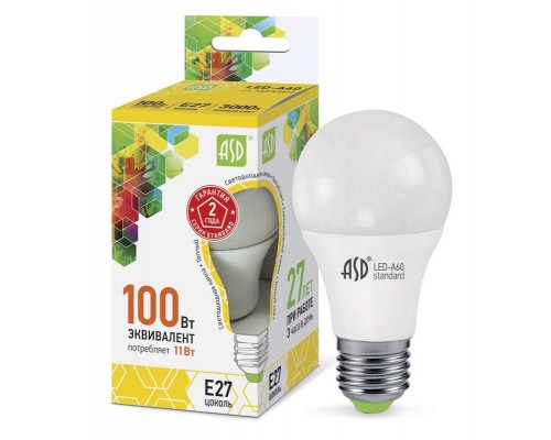 Лампа светодиодная LED-A60-standard 11Вт грушевидная 3000К тепл. бел. E27 990лм 160-260В ASD 4690612001739