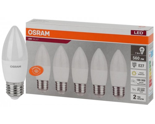 Лампа светодиодная LED Value LVCLB60 7SW/830 230В E27 2х5 RU (уп.5шт) OSRAM 4058075578012