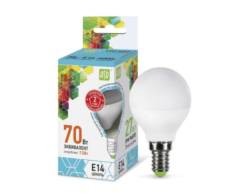 Лампа светодиодная LED-ШАР-standard 7.5Вт ШАР 4000К бел. E14 675лм 160-260В ASD 4690612003979
