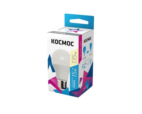 Лампа светодиодная A60 15Вт 3000К E27 220В КОСМОС LkecLED15wA60E2730