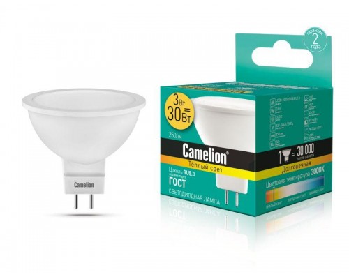 Лампа светодиодная LED3-JCDR/830/GU5.3 3Вт 3000К тепл. бел. GU5.3 215лм 220-240В Camelion 11367