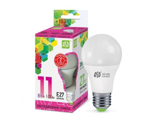 Лампа светодиодная LED-A60-standard 11Вт грушевидная 230В E27 6500К 990Лм ASD 4690612014197