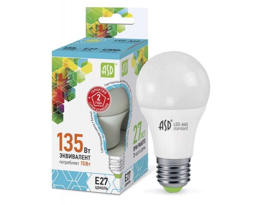 Лампа светодиодная LED-A60-standard 15Вт грушевидная 4000К бел. E27 1350лм 160-260В ASD 4690612002101