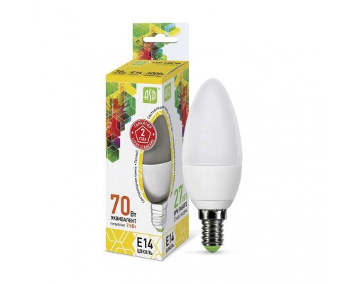 Лампа светодиодная LED-свеча-standard 7.5Вт свеча 3000К тепл. бел. E14 675лм 160-260В ASD 4690612003924