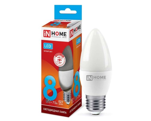 Лампа светодиодная LED-СВЕЧА-VC 8Вт 230В E27 4000К 720лм IN HOME 4690612020457