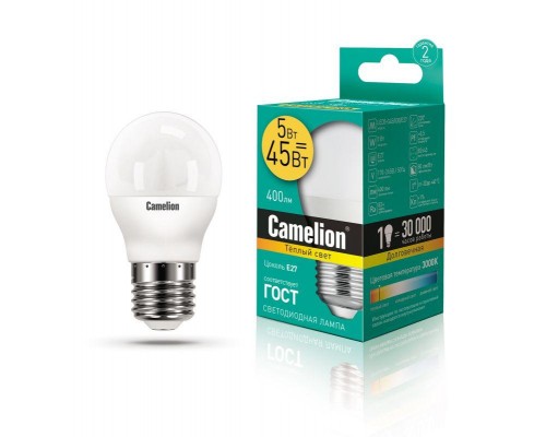 Лампа светодиодная LED5-G45/830/E27 5Вт шар 3000К тепл. бел. E27 390лм 220-240В Camelion 12028