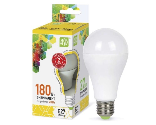 Лампа светодиодная LED-A60-standard 20Вт грушевидная 3000К тепл. бел. E27 1800лм 170-265В ASD 4690612004198