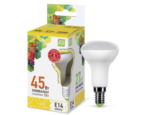 Лампа светодиодная LED-R50-standard 5Вт 3000К тепл. бел. E14 450лм 160-260В ASD 4690612001531