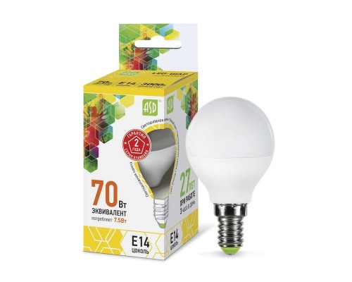 Лампа светодиодная LED-шар-standard 7.5Вт шар 3000К тепл. бел. E14 675лм 160-260В ASD 4690612003962