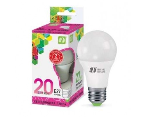 Лампа светодиодная LED-A60-standard 20Вт грушевидная 230В E27 6500К 1800лм ASD 4690612014210