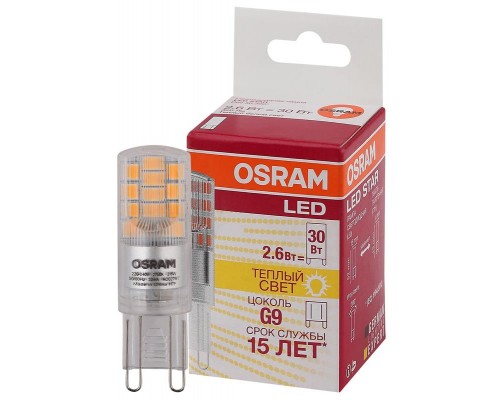 Лампа светодиодная LED STAR PIN30 2.6W/827 (замена 30Вт) 2.6Вт 2700К тепл. бел. G9 320лм 220-240В прозр. пласт. OSRAM 4058075056688