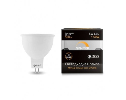 Лампа светодиодная Black MR16 5Вт 3000К тепл. бел. GU5.3 500лм 180-265В диммир. Gauss 101505105-D