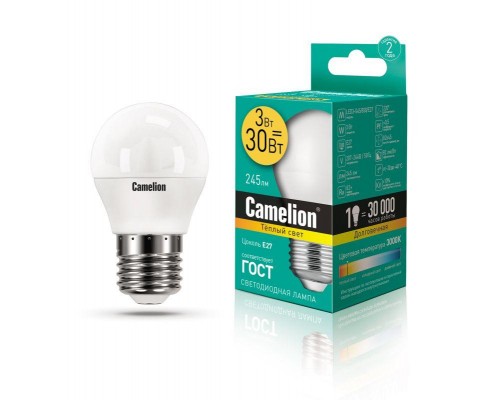 Лампа светодиодная LED3-G45/830/E27 3Вт шар 3000К тепл. бел. E27 245лм 220-240В Camelion 11374