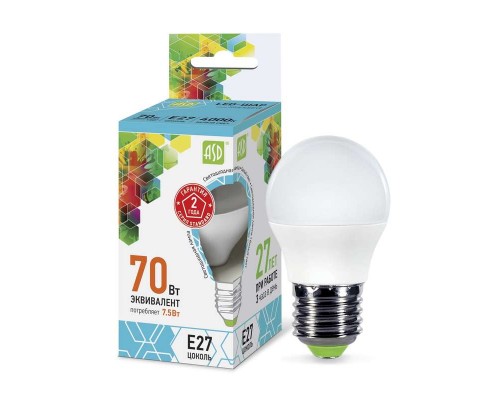 Лампа светодиодная LED-ШАР-standard 7.5Вт ШАР 4000К бел. E27 675лм 160-260В ASD 4690612003993