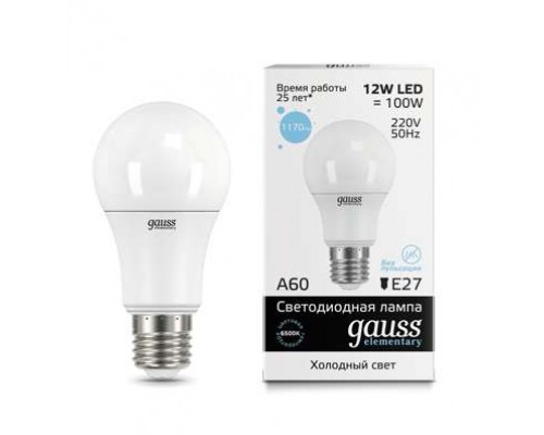 Лампа светодиодная Elementary A60 12Вт E27 6500К Gauss 23232