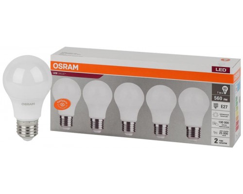 Лампа светодиодная LED Value LVCLA60 7SW/840 230В E27 2х5 RU (уп.5шт) OSRAM 4058075577657