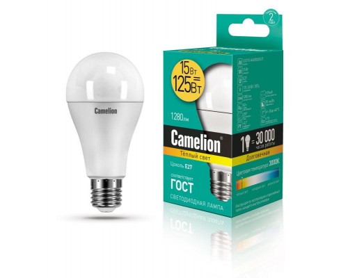 Лампа светодиодная LED15-A65/830/E27 15Вт грушевидная 3000К тепл. бел. E27 1280лм 170-265В Camelion 12196 / 12185
