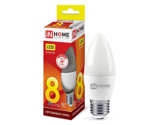 Лампа светодиодная LED-СВЕЧА-VC 8Вт 230В E27 3000К 720лм IN HOME 4690612020440