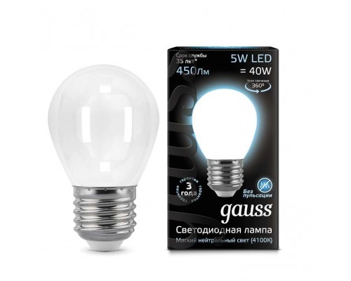 Лампа светодиодная филаментная Black Filament 5Вт шар 4100К E27 опал Gauss 105202205