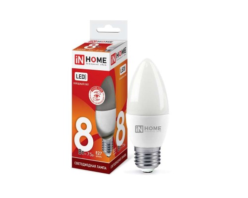 Лампа светодиодная LED-СВЕЧА-VC 8Вт 230В E27 6500К 720лм IN HOME 4690612024820