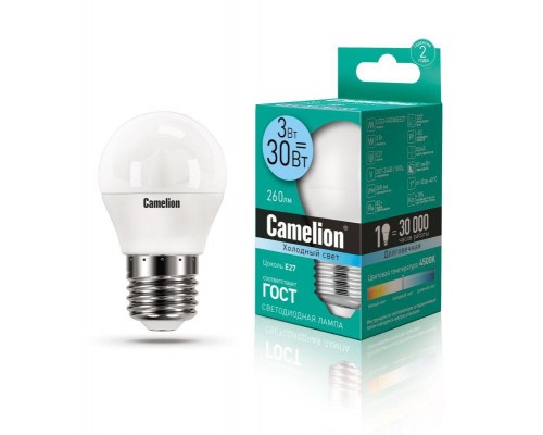 Лампа светодиодная LED3-G45/845/E27 3Вт шар 4500К бел. E27 260лм 220-240В Camelion 11376