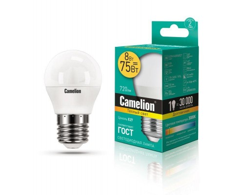 Лампа светодиодная LED8-G45/830/E27 8Вт шар 3000К тепл. бел. E27 720лм 170-265В Camelion 12392