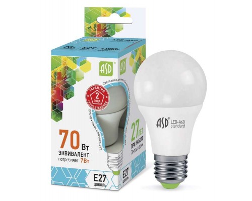 Лампа светодиодная LED-A60-standard 7Вт грушевидная 4000К бел. E27 630лм 160-260В ASD 4690612001678