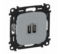 Valena ALLURE Зарядное устройство с двумя USB-разьемами 240В/5В 1500мА, с лицевой панелью. Цвет: Алюминий (арт. 754997)
