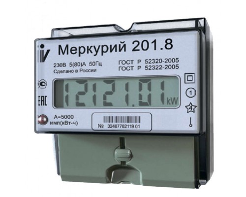 Счетчик "Меркурий" 201.8 1ф 5-80А 1 класс точн. 1 тариф. ЖКИ табло DIN-рейка Инкотекс 32681