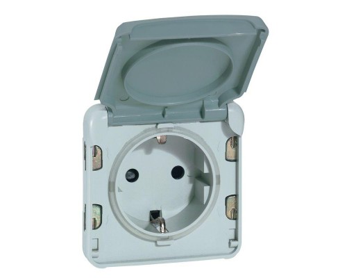Механизм розетки 1-м СП Plexo 16А IP55 2P+E с заземл. с крышкой немецк. стандарт безвинт. клеммы сер. Leg 069570