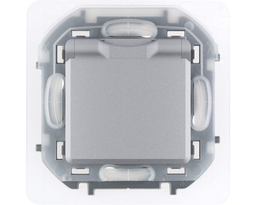 Механизм розетки 1-м СП Inspiria 16А IP44 250В 2P+E защ. шторки с крышкой немецк. стандарт алюм. Leg 673742