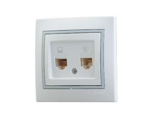 Розетка компьютерная RJ45 + телефонная RJ11 СП Мира 16А IP20 с сер. вставкой бел. LEZARD 701-0215-143